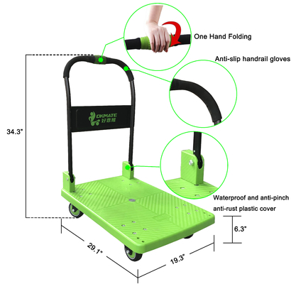 One Hand SILENT Foldable Platform Cart Trolley 180kg Polypropylene Deck