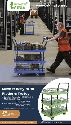 single armrest Multi Tier Rolling Cart 180kg Load With Guardrail