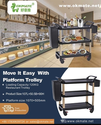 Three Tier Dinning Folding Flatbed Trolley Silent Robust 120KG Load